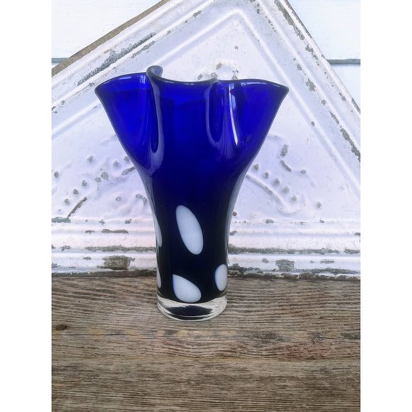 unbranded Other - Vintage Art Glass Cobalt Blue White Polka Dot Handkerchief Vase